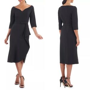 NEW KAY UNGER Black IZZY Ruffle Hem COCKTAIL Midi SHEATH DRESS 4 (Missing Belt)